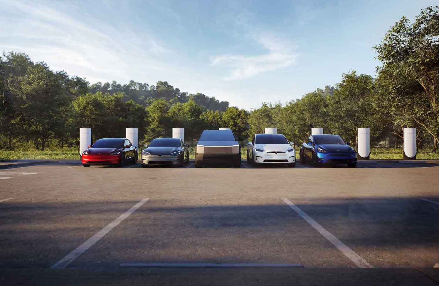 テスラ 電気自動車 （左からモデル3、モデルS、サイバートラック、モデルX、モデルY）