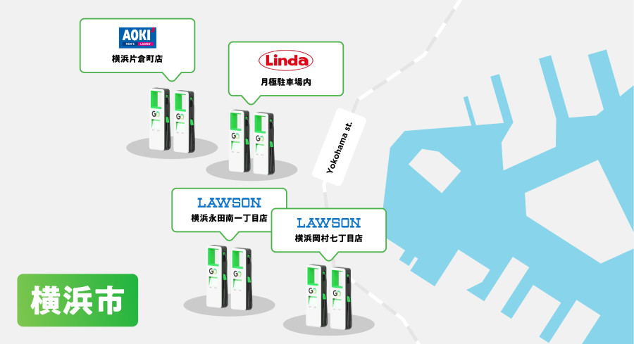 GOは、横浜市内、計4カ所に各1基ずつ計8口の急速充電器(100kW)を設置
