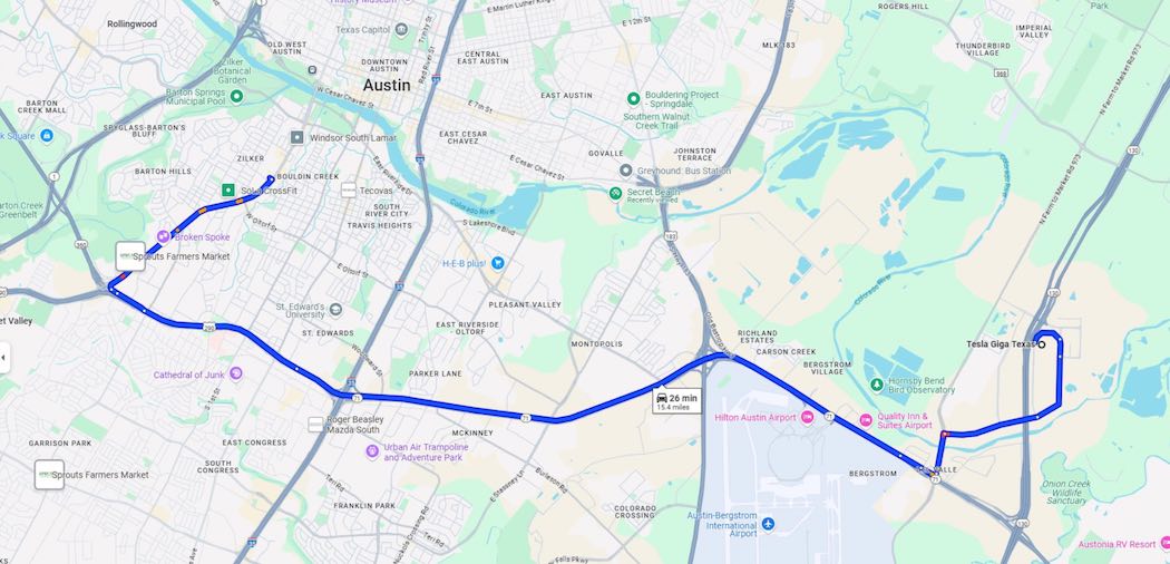 納車までの無人運転による走行距離は15.4マイル(約25キロ)とされている(出典:X @DevinOlsenn)
