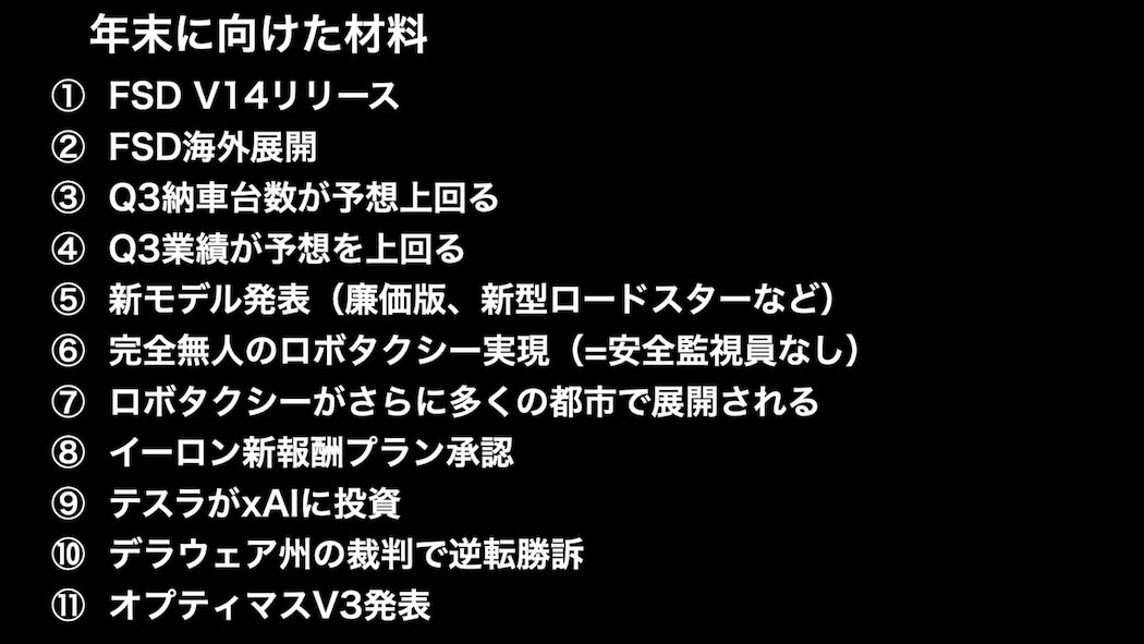年末までのテスラ株価アップの材料（出典：筆者作成）