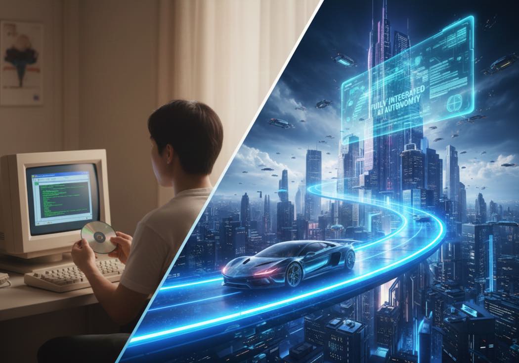 「PCにOSをインストールする時代」から「AIが統合された未来のモビリティ」へ(イメージは筆者作成)