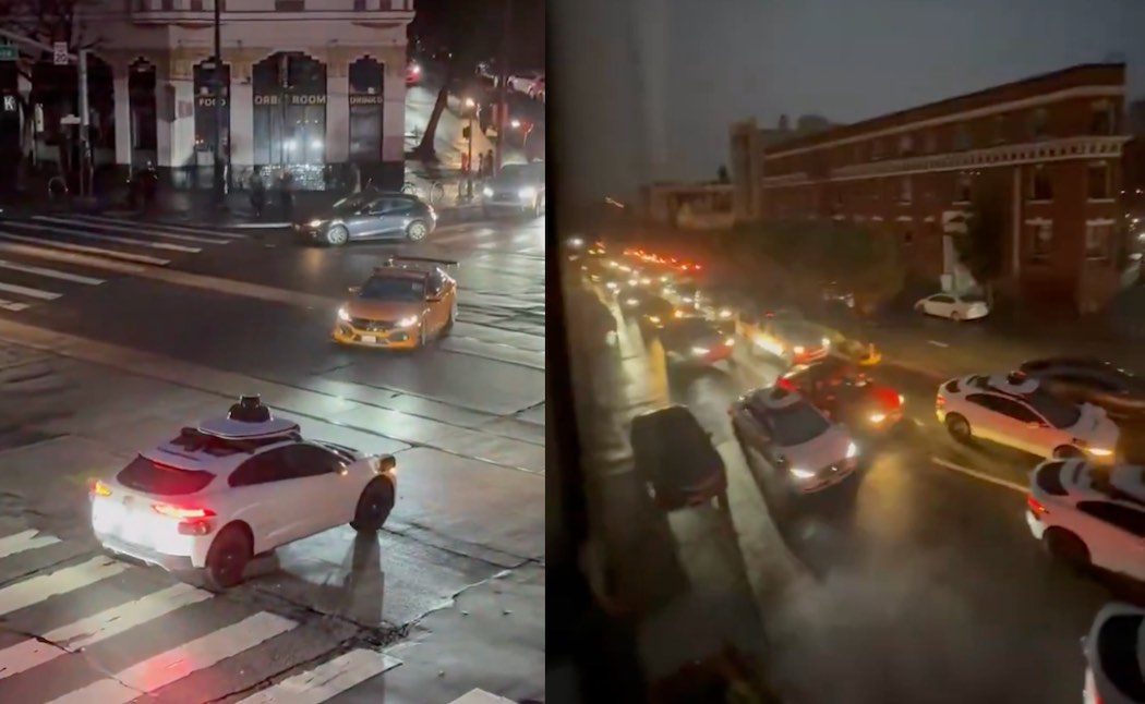 サンフランシスコの交差点で停電の影響で立ち往生するウェイモのロボタクシー（出典：X @MarioNawfal）