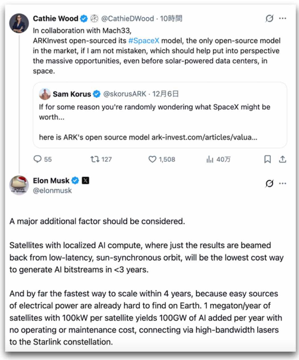 　 X上でのキャシー・ウッド氏とイーロン・マスク氏のやり取り(出典:X)