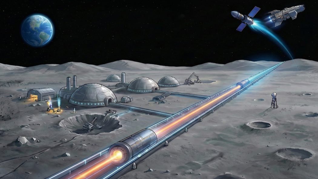  月に建設された衛星工場と電磁投射砲の想像図(出典:筆者作成)