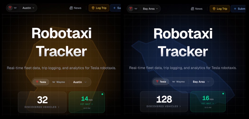 テスラのロボタクシーが『今、どこで、何台稼働しているか』を追跡・可視化しているサイト（出典：teslarobotaxitracker.com）