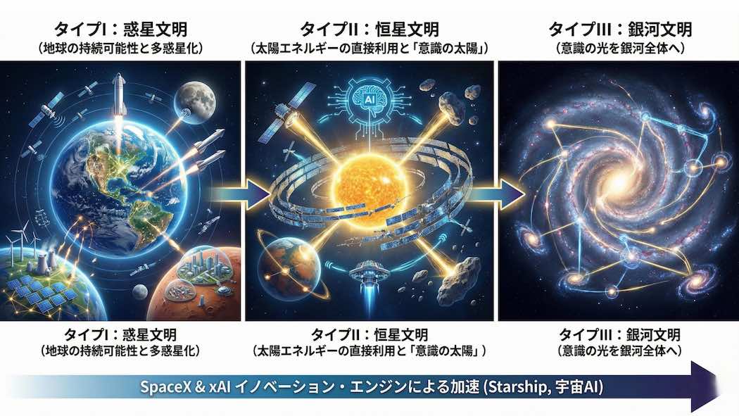 　現在イーロンが目指しているのはタイプIIの恒星文明（出典：筆者作成）