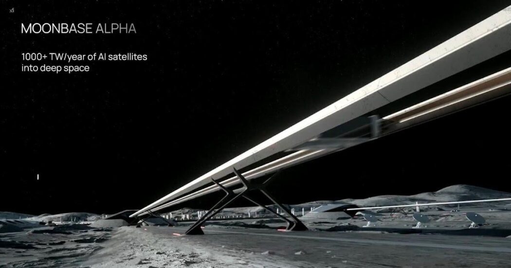 SpaceXが公開した月面に建設予定の「月面マスドライバー」レンダリング画像