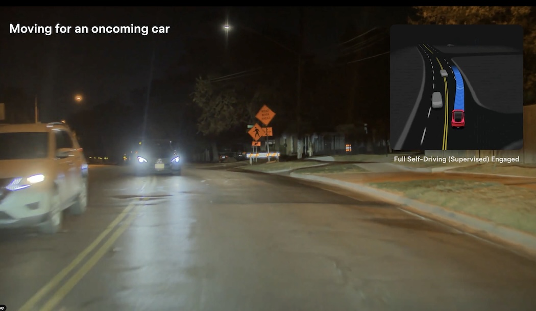 FSD稼働中に対向車を避けるテスラ（写真：TeslaのX公式アカウント@Teslaへの投稿動画より）